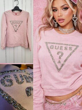 Guess Rhinestone sparkly Logo Pink Sweatshirt Y2K Glam